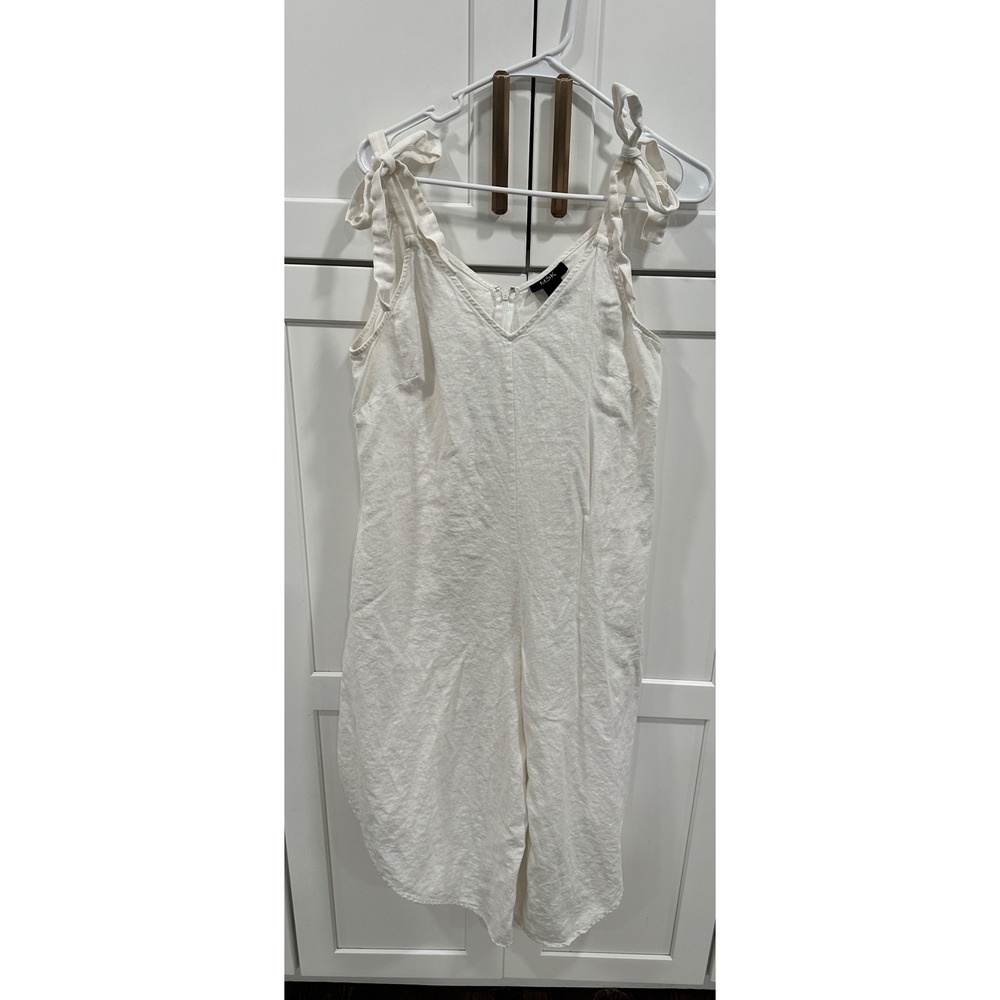 MSK White Linen Blend Tie Shoulder Jumpsuit Wide Leg Sz L